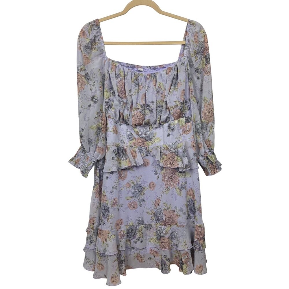 Exlura XXL  2X Floral Pattern Tiered Ruffle Dress Smocked Bodice & Long Sleeves